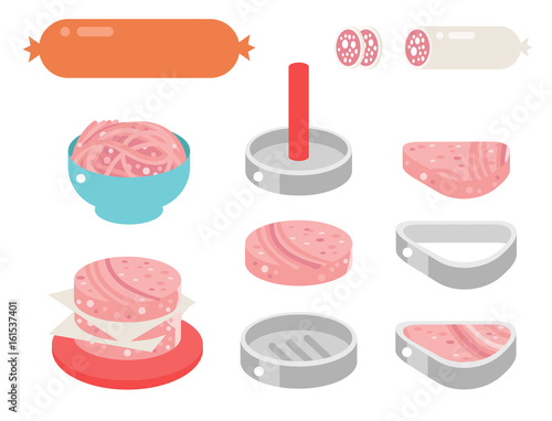 Meat products ingredient and rustic elements preparation equipment food flat vector illustration.