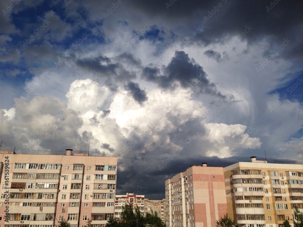 Dramatic sky in above apartment house in Kazan, Russia 