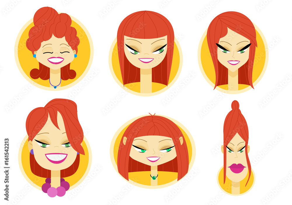 Set of bright illustrated avatars, female faces Set of bright illustrated avatars, female faces