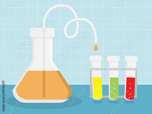 Laboratory glassware with liquids of different colors
