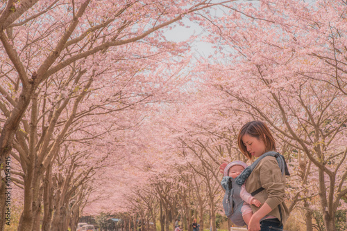 桜並木を散歩するママと赤ちゃん