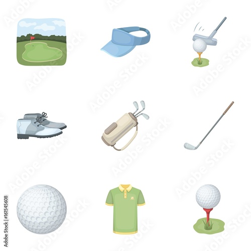 A golfer, a ball, a club and other golf attributes.Golf club set collection icons in cartoon style vector symbol stock illustration web.