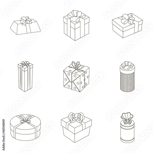 A set of pictures gifts. Gifts for different holidays, surprises. Gift packaging.Gifts and cert icon in set collection on outline style vector symbol stock illustration.