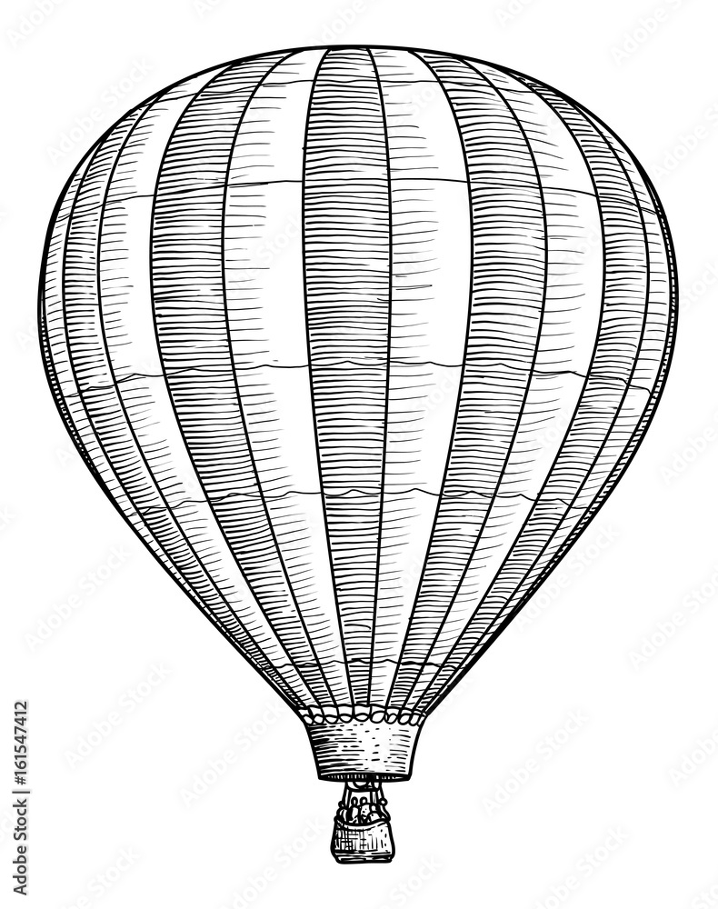 Fototapeta premium Hot air balloon illustration, drawing, engraving, ink, line art, vector