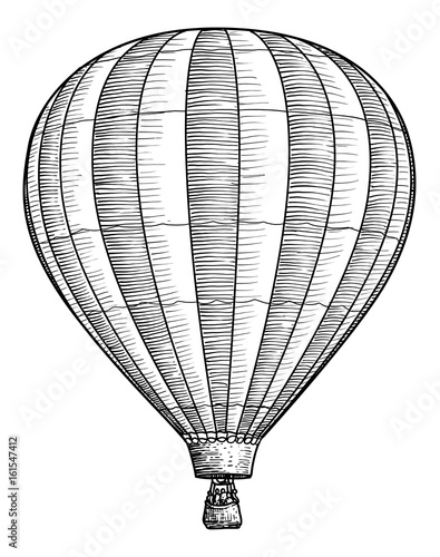 Hot air balloon illustration, drawing, engraving, ink, line art, vector