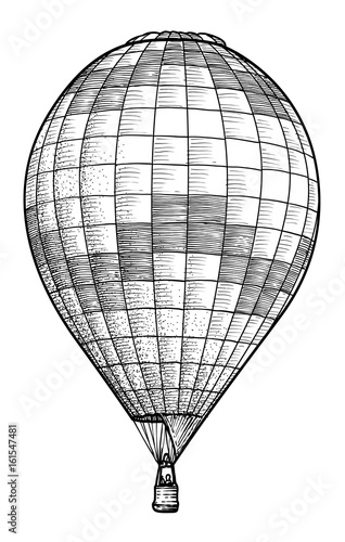 Hot air balloon illustration, drawing, engraving, ink, line art, vector