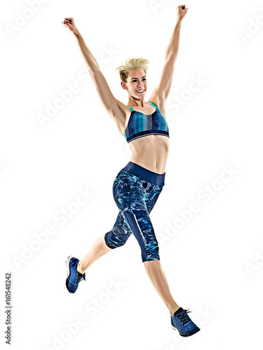 one young caucasian woman runner running jogger jogging studio isolated in white background