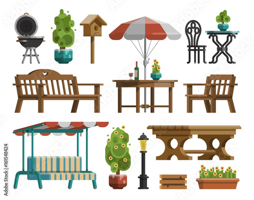 Modern garden design furniture set. Sunshade umbrella and different types of tables and chairs. BBQ grill, garden lantern and decorative trees. Flat style vector isolated on white background.