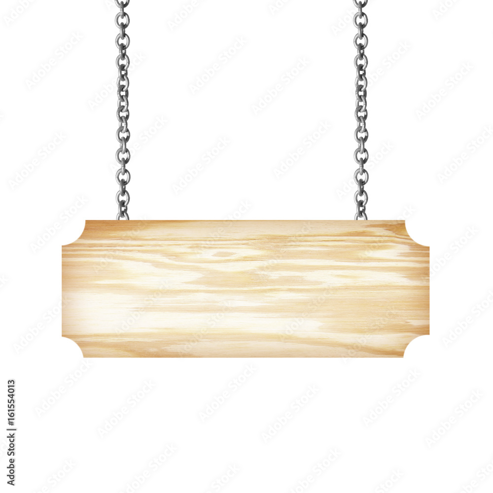 Wooden sign hanging on a chain isolated on white background Wooden sign hanging on a chain isolated on white background