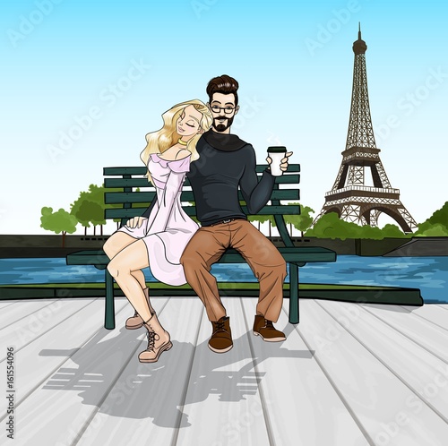 Romantic couple sit on a bench near river drinking cofee. Eifel tower in a background. - love card or invitation banner vector illustration