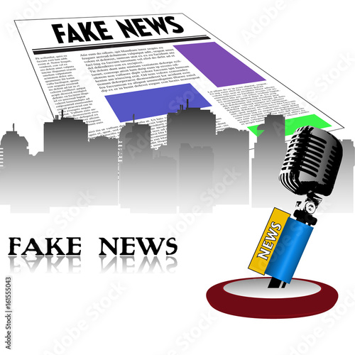 Colorful background with an old microphone, newspaper with the fake news title written on its first page. Fake news concept