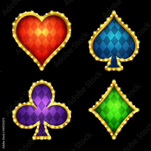 3d game card suits. Gold casino icons with glowing lights. Eps10 vector.