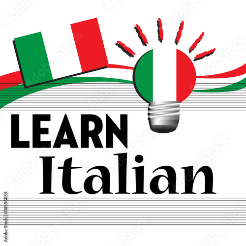 Colorful background with the Italian flag and the text learn Italian written with black letters