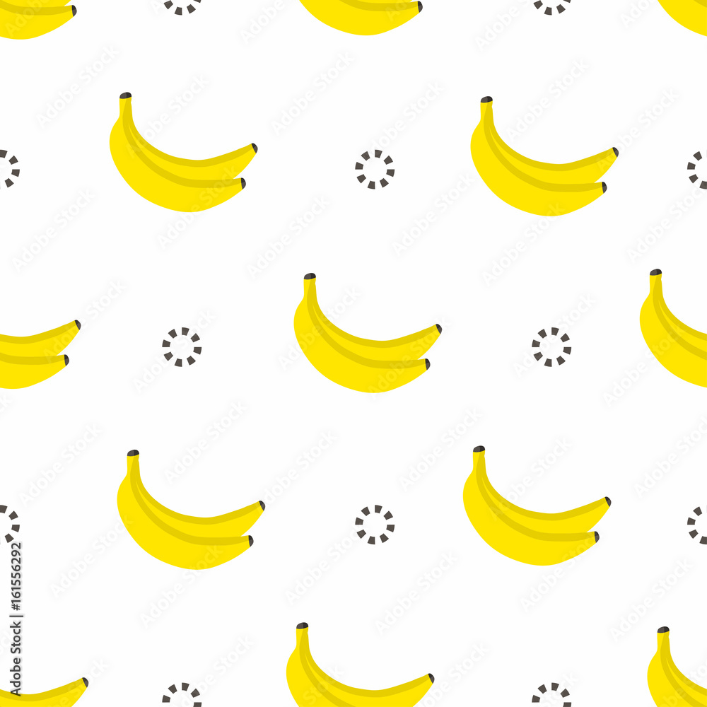 Banana seamless pattern. Bananas with circles in 80s style, textile graphic