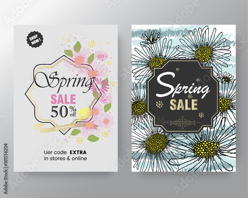 Set of flat and hand drawn spring cards and labels for season sale, fashion discounts, promotional flyers and posters, Colorful and floral sale badges in A4 size