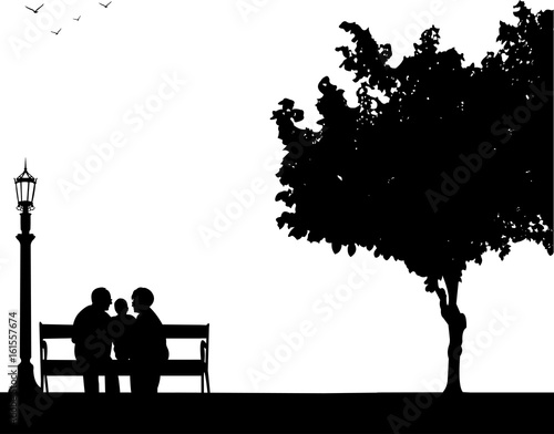 Grandmother and grandfather siting with grandchild in park, one in the series of similar images silhouette