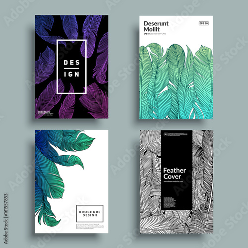 Artistic covers with feather patterns. Hand-drawn bird feathers composition. Eps10 vector illustration.