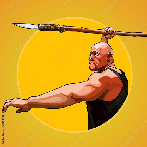 Cartoon brutal man aims to hold a spear in his hand