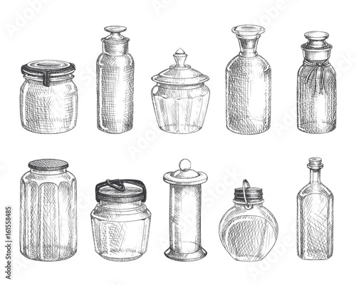 Hand-drawn vintage jars and bottles. Eps10 vector.
