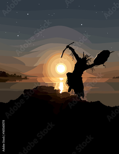 painted silhouette of a dancing shaman on the sunset near the river