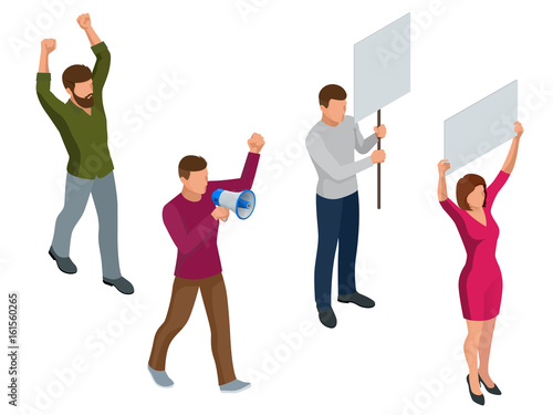 Protest Isometric People with placard and megaphones on demonstration. Demonstration, protest, strike concept.