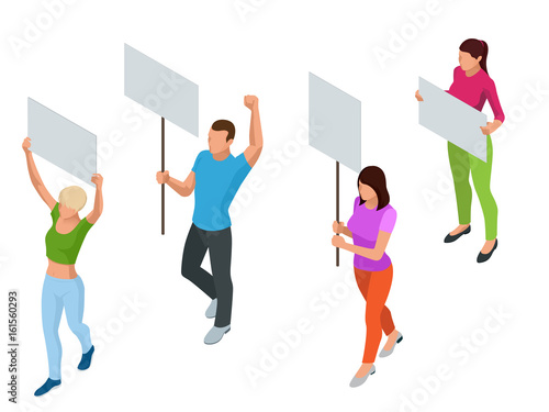 Protest Isometric People with placard and megaphones on demonstration. Demonstration, protest, strike concept.