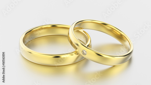 3D illustration classic yellow gold rings with diamond on a white background