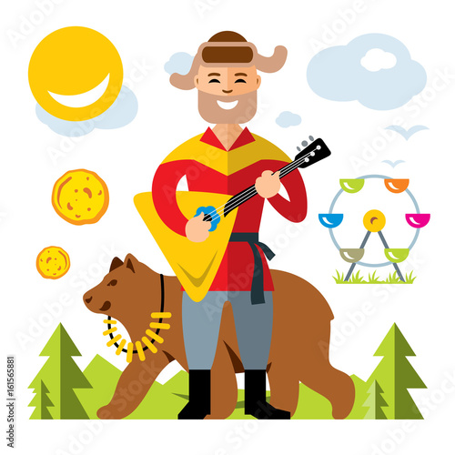 Vector Russian balalaika player. Flat style colorful Cartoon illustration.