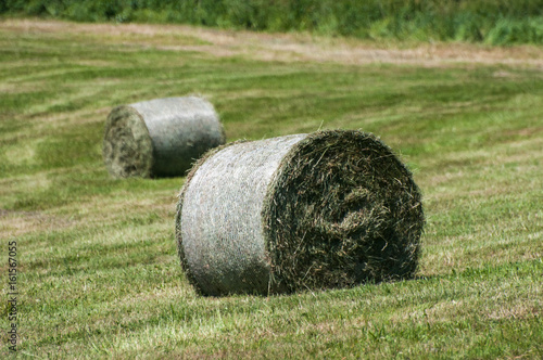 Straw bales on farmland with blue cloudy sky