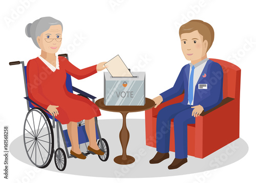 Woman in wheelchair votes at ballot box. Vector Illustration