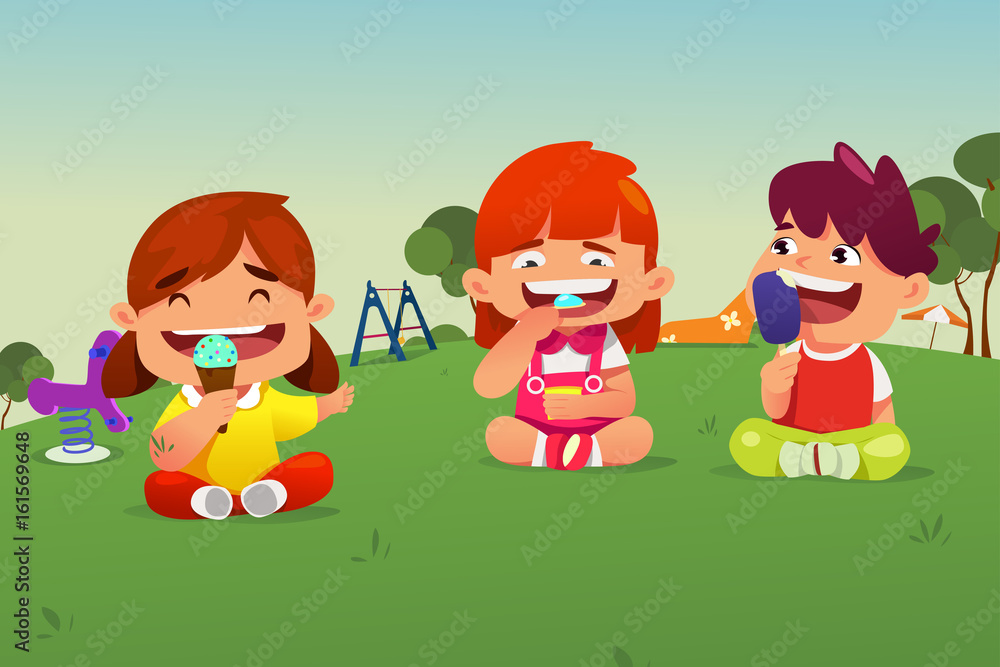 Kids Eating Ice Cream in a Park Kids Eating Ice Cream in a Park