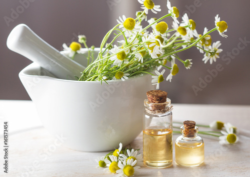 Camomile essential oil and camomile flowers