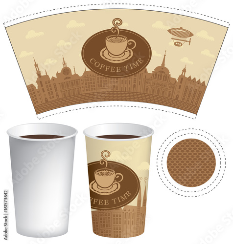 Vector template paper cup for hot drink with the words coffee time and cup of coffee on a background of old town with airship and clouds.