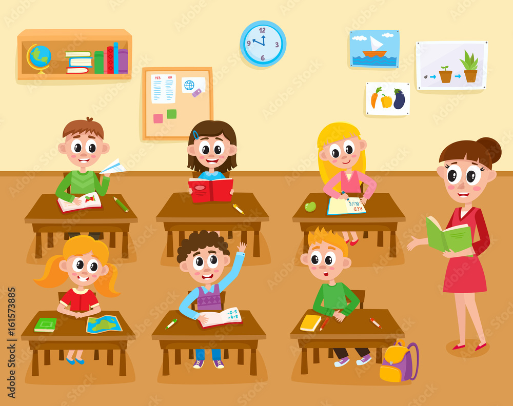Lesson in elementary, primary school, kids studying and teacher teaching  the class, cartoon illustration isolated on white background. Teacher  teaching kids in classroom, elementary, primary school Stock Vector | Adobe  Stock