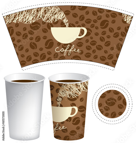 Vector template paper cup for hot drink with inscription coffee and cup of coffee with steam on a background with the texture of of grains.