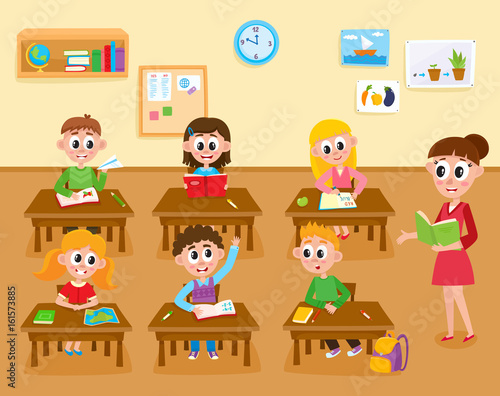 Lesson in elementary, primary school, kids studying and teacher teaching the class, cartoon illustration isolated on white background. Teacher teaching kids in classroom, elementary, primary school