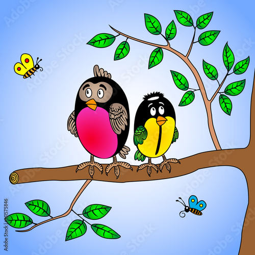 cute cartoon bullfinch and titmouse bird sitting on a tree branch and two little butterflies