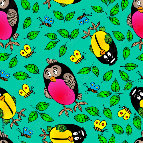 cute cartoon bullfinch and titmouse birds, tree leaves and little butterflies. Seamless pattern on green background