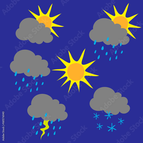 Set of different simple weather illustrations on blue background