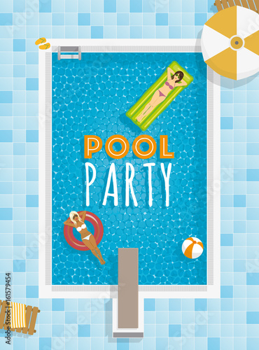 Summer Pool Party Template With Girls on Pool Floaters. text on separate layer.