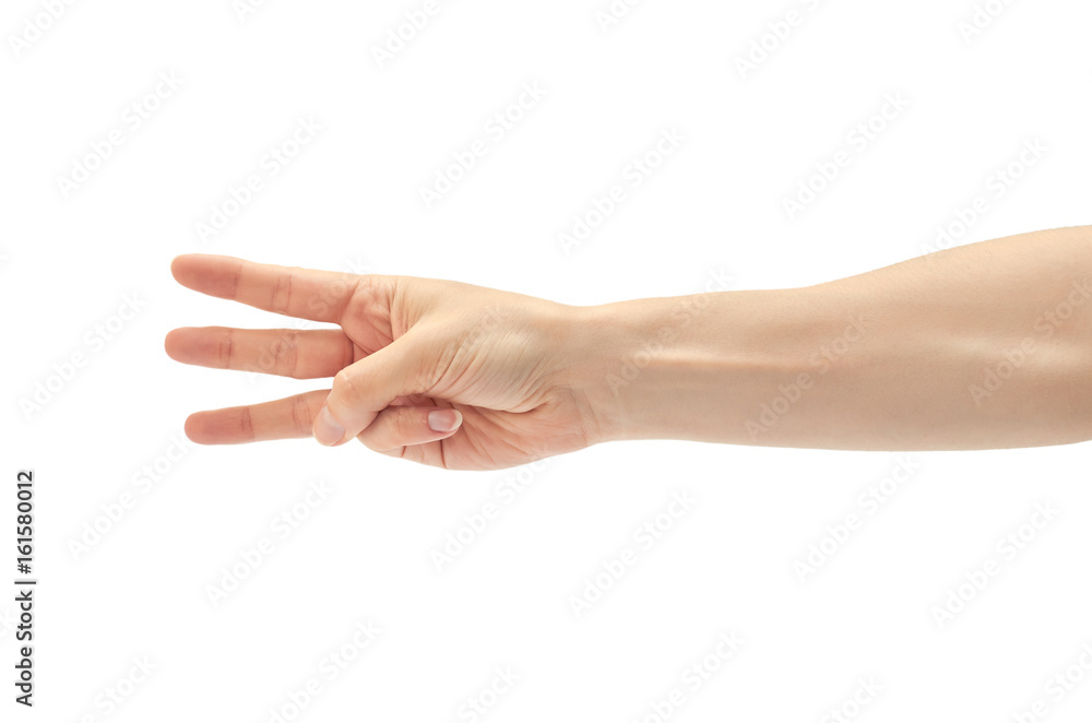 Beautiful female hand count three gesture. Isolated on white background Beautiful female hand count three gesture. Isolated on white background