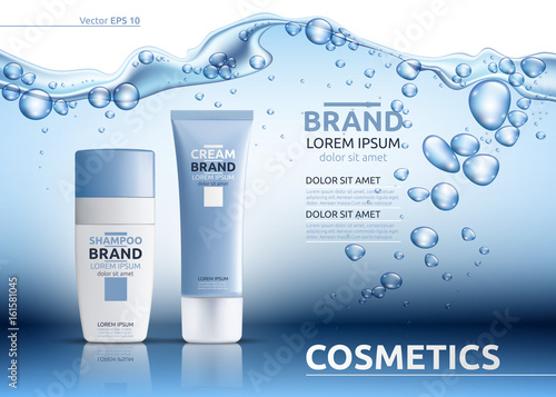 Aqua Moisturizing cosmetic ads template. Hydrating facial or body lotion. Mockup 3D Realistic illustration. Sparkling water drops over blue background