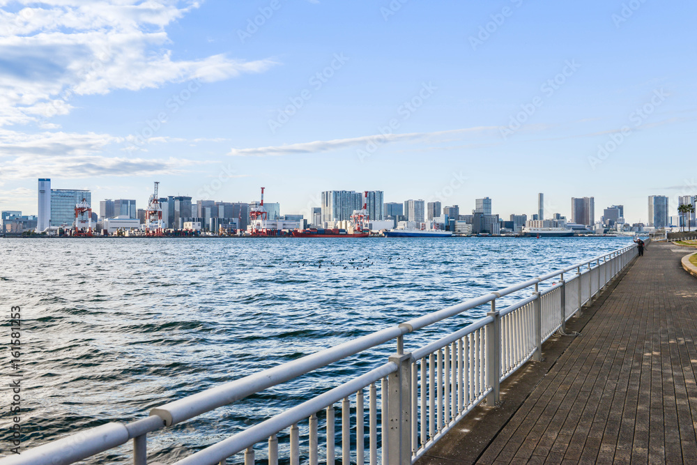 Landscape of bay and port with city scape at Odaiba Japan