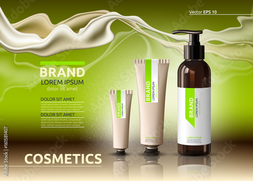 Body care cosmetic set serum and cream ads template. Hydrating facial or body lotions. Mockup 3D Realistic illustration. Sparkling greenery background