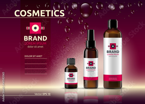 Body care cosmetic set serum and cream ads template. Hydrating facial or body lotions. Mockup 3D Realistic illustration. Sparkling deep red background
