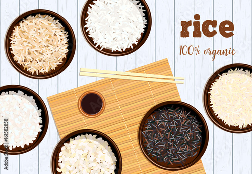 Different types of rice in bowls on white wooden background Basmati, wild, jasmine, long brown, arborio, sushi. chopsticks. Kitchen bamboo mats, sauce tureen. photo