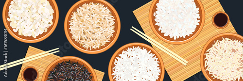 Banner with different types of rice in bowls. Basmati, wild, jasmine, long brown, arborio, sushi. chopsticks