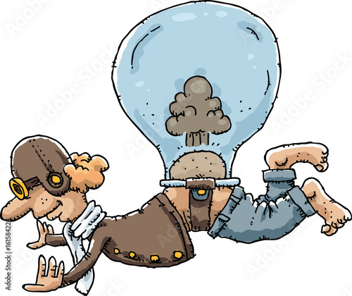 A cartoon pilot man flying by using a balloon fueled by his farts.