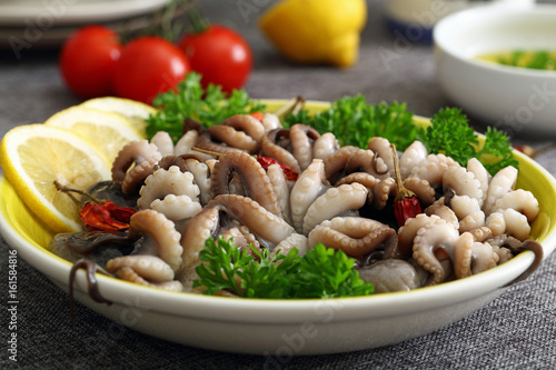 polpo o moscardini pesce crudo in piatto di ceramica sfondo tavolo di cucina photo