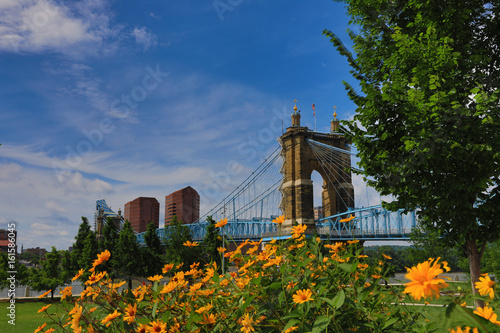 The John A. Roebling Bridge was built in 1866 to connect Covington Kentucky to Cincinnati , Ohio.  It spans the Ohio River.